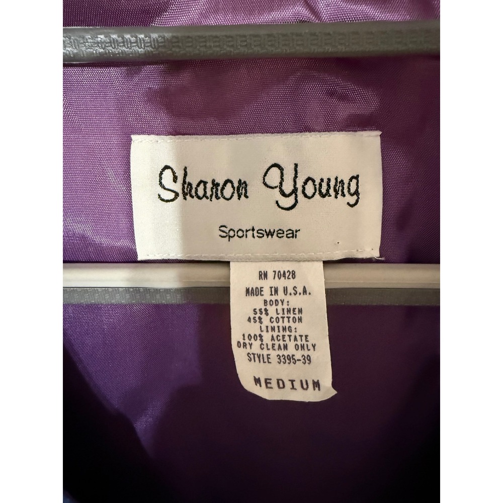 Sharon Young Sportswear Floral Linen Blend Vest Blue Purple V-Neck Medium USA - Picture 3 of 4